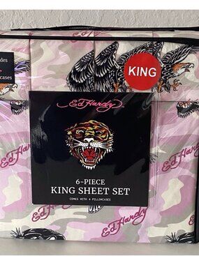 6 Piece Ed‎ Hardy KING Size Sheet Set Pink Grey Camo Eagle Tiger Logo NEW